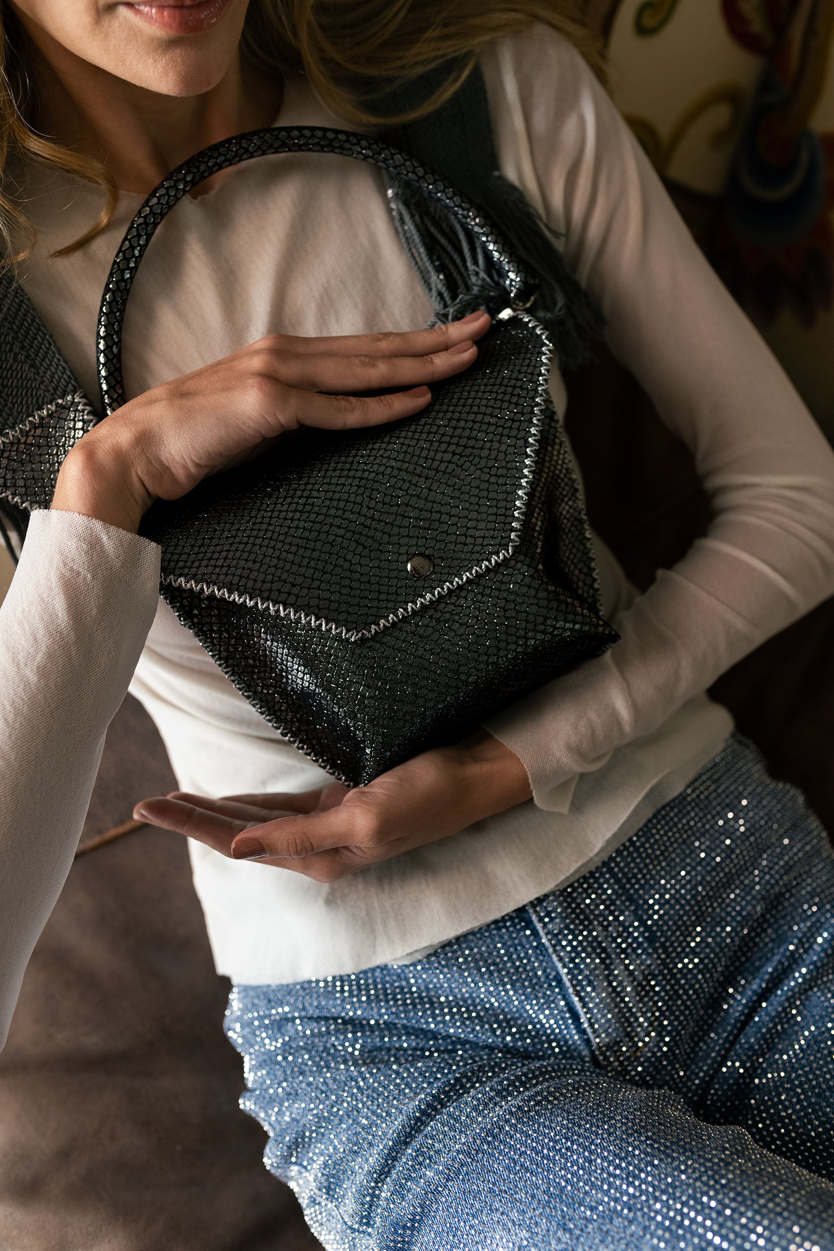 PIAMA TOTE BAG X-SMALL PYTHON / DRK GRAY-SPARKLY SILVER - GRAY #340013
