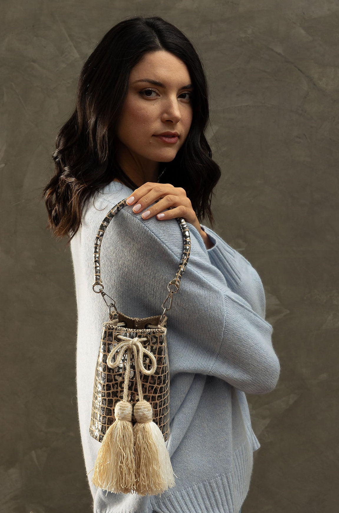 APÜNÜ BUCKET BAG X-SMALL CROCO MIX / SILVER GRAY - BEIGE #360011