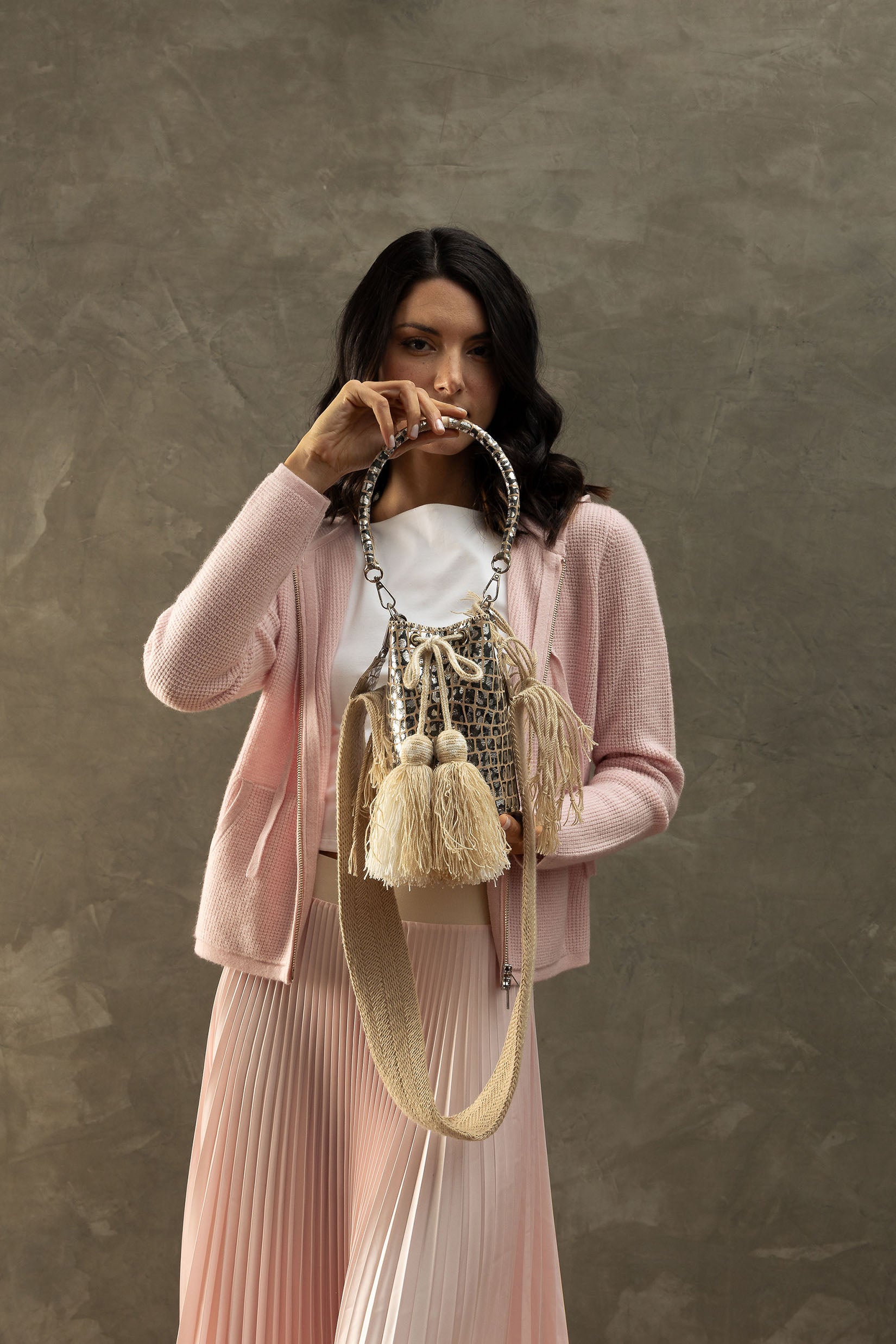 APÜNÜ BUCKET BAG X-SMALL CROCO MIX / SILVER GRAY - BEIGE #360011