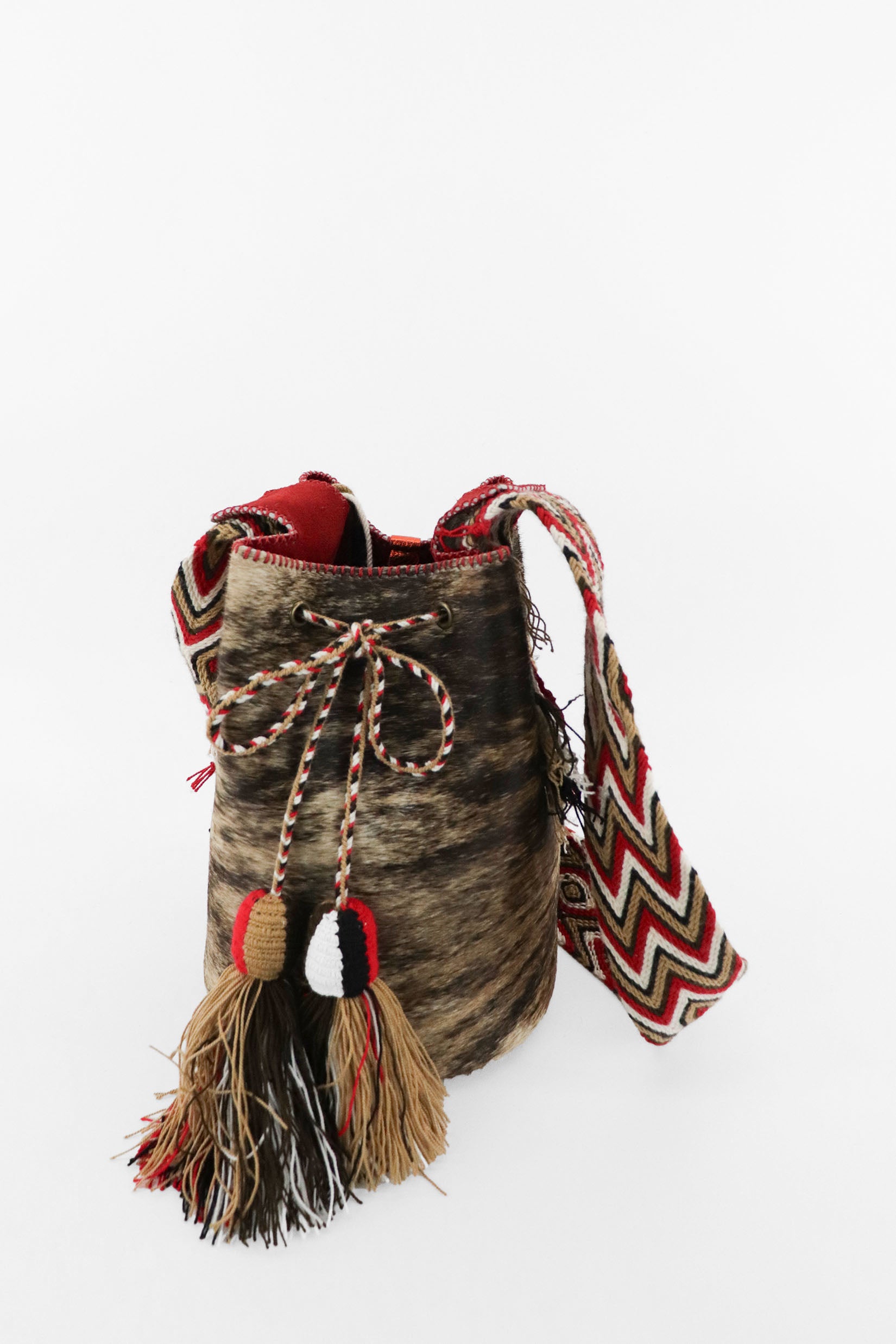 APÜNÜ BUCKET BAG LARGE FURRY / TAUP&BLK  - RED #100004