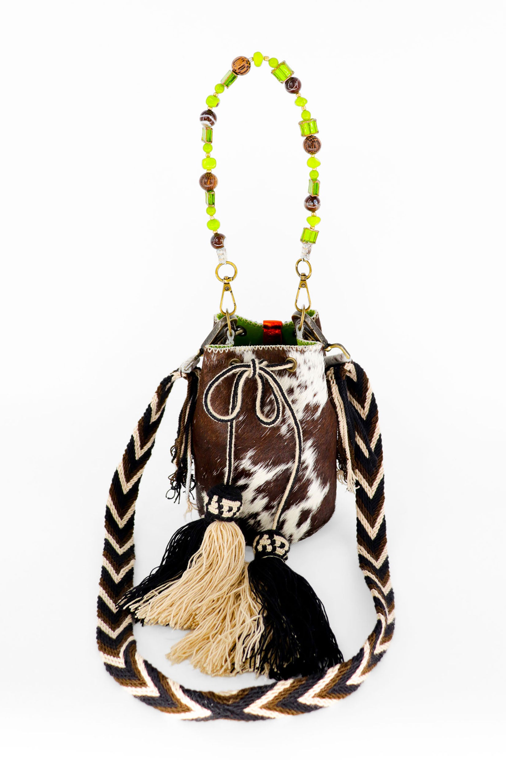 APÜNÜ BUCKET BAG  X-SMALL FURRY / BRW&WHI - LIME GREEN #350006