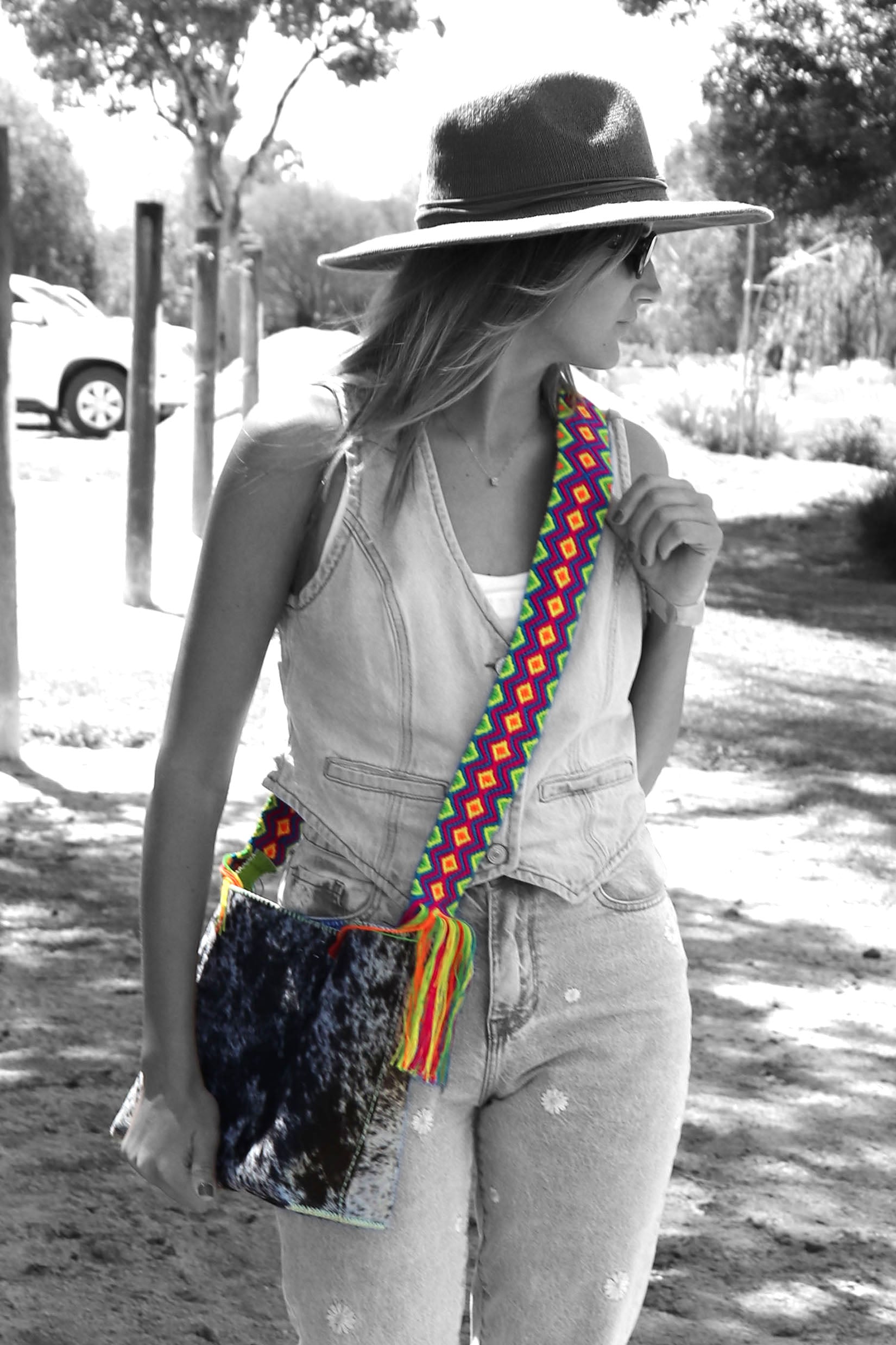 PIAMA TOTE BAG MEDIUM FURRY / BLK&WH - LIME GREEN #210014