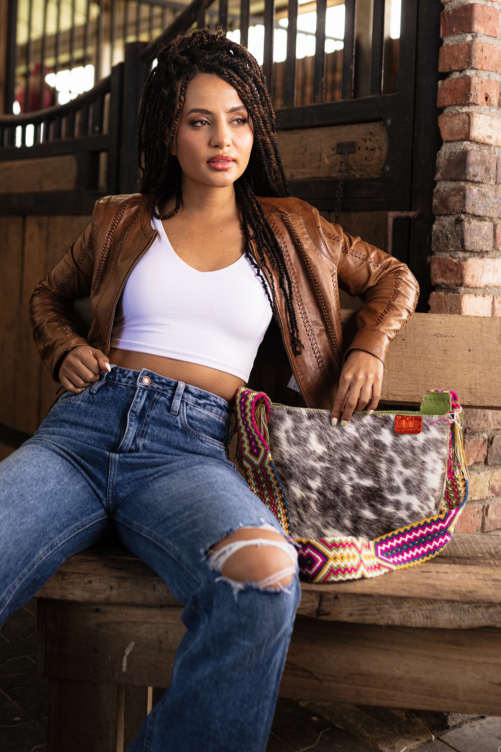 PIAMA TOTE BAG MEDIUM FURRY / BLK&WH - LIME GREEN #210008