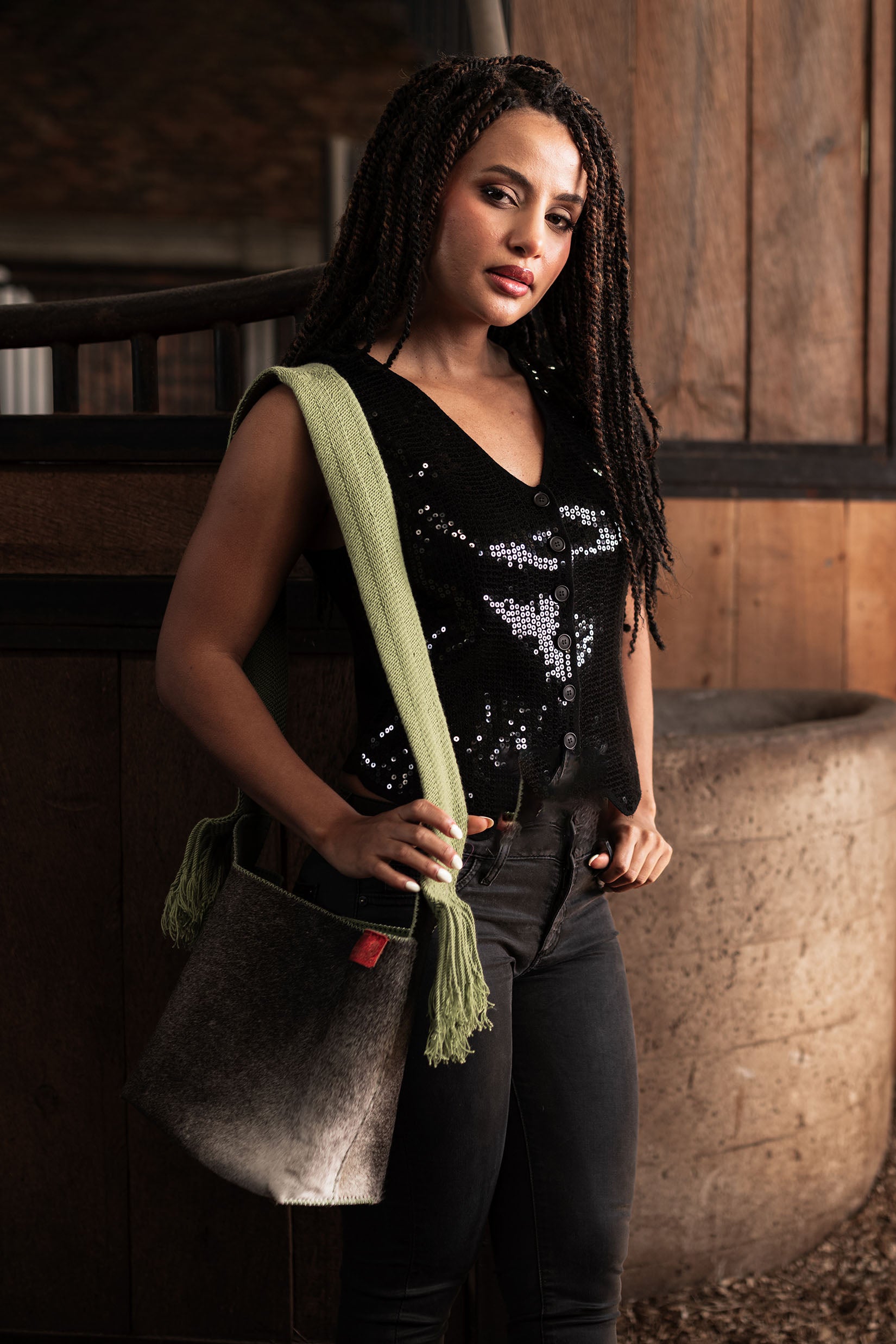 PIAMA TOTE BAG MEDIUM FURRY / GRAY&WH - LIME GREEN #210011