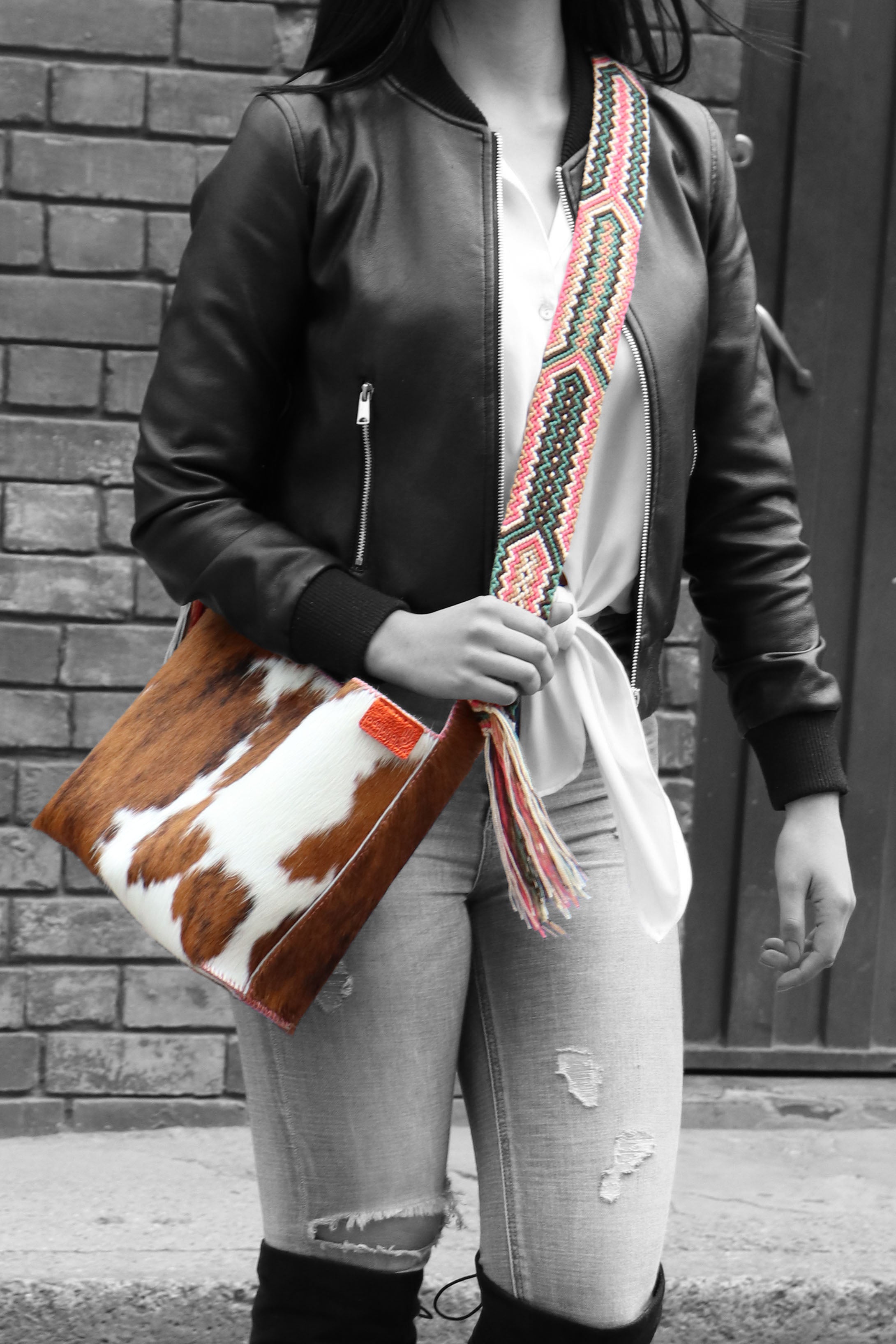 PIAMA TOTE BAG MEDIUM FURRY / BRW BLK&WH - DARK SALMON #210009