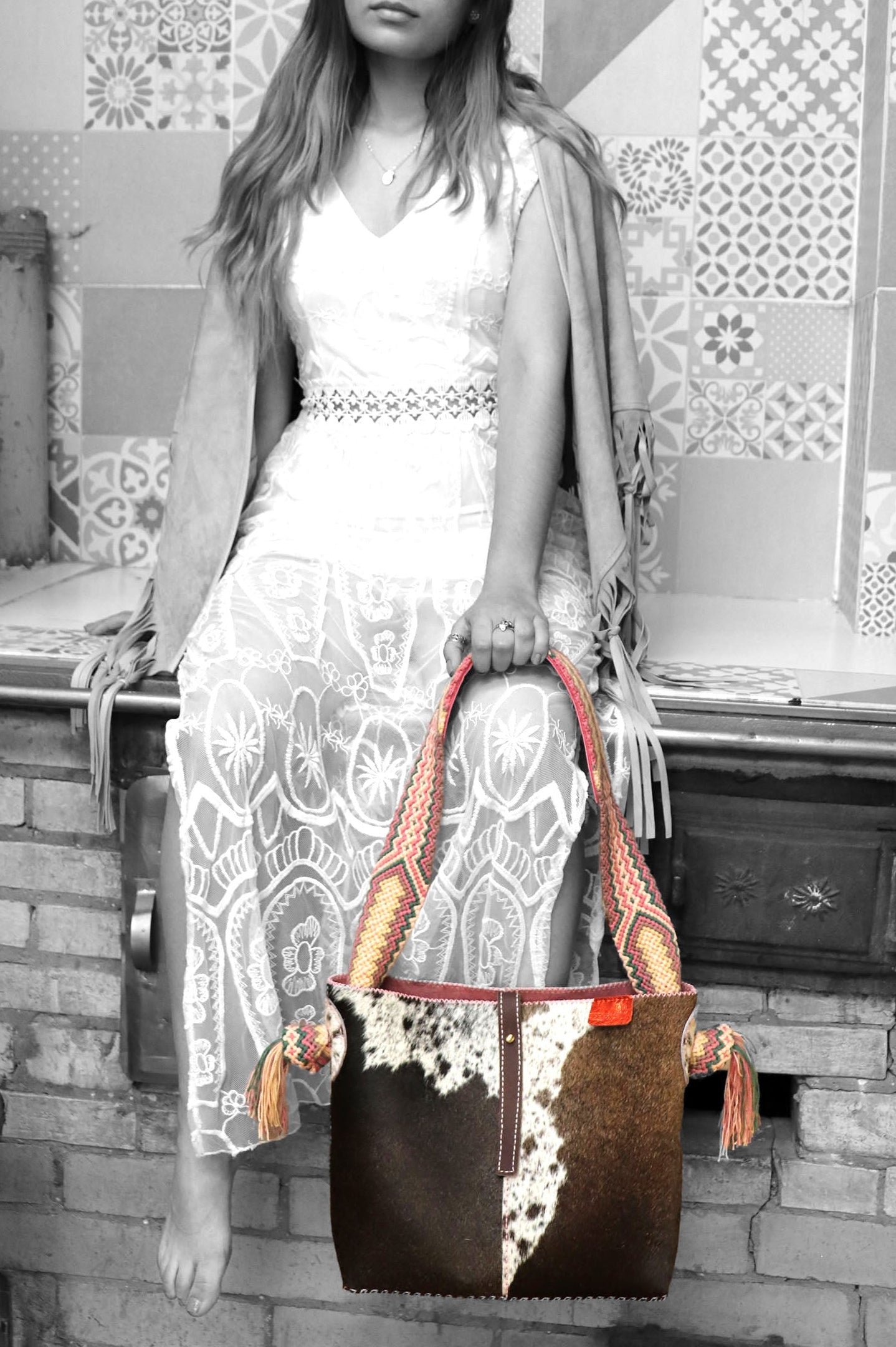 PIAMA TOTE BAG MEDIUMFURRY / TAUPE & WH - PINK #270001